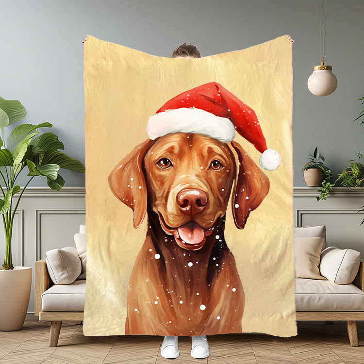 LUCKY GREEN Pet Portrait Blanket with Santa Hat & Snowflakes – Personalized Dog Blanket Gift