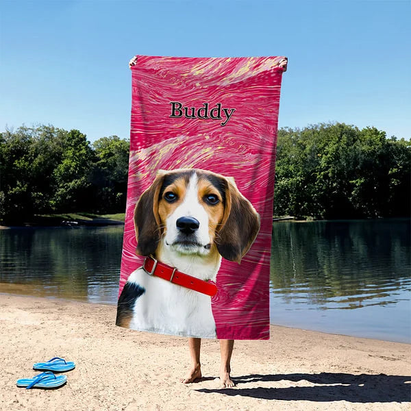 Personalized Pet Portrait Oil Painting Quick Dry Beach Towel with Name