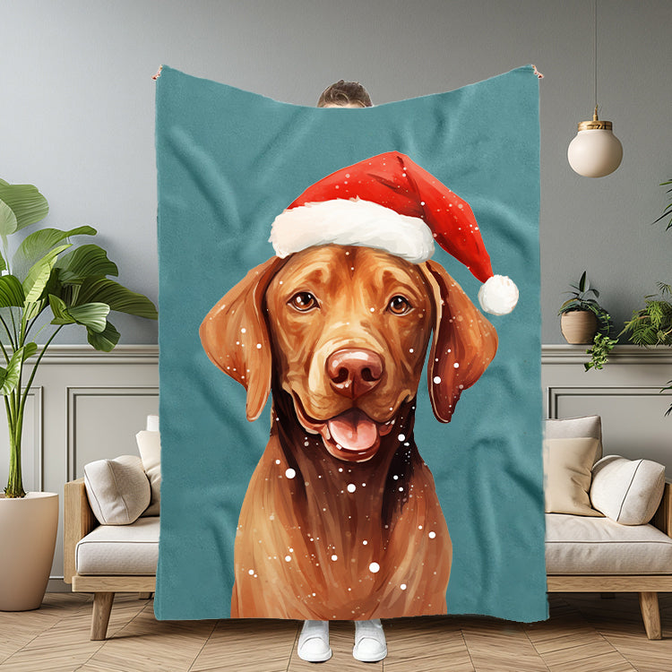 LUCKY GREEN Pet Portrait Blanket with Santa Hat & Snowflakes – Personalized Dog Blanket Gift