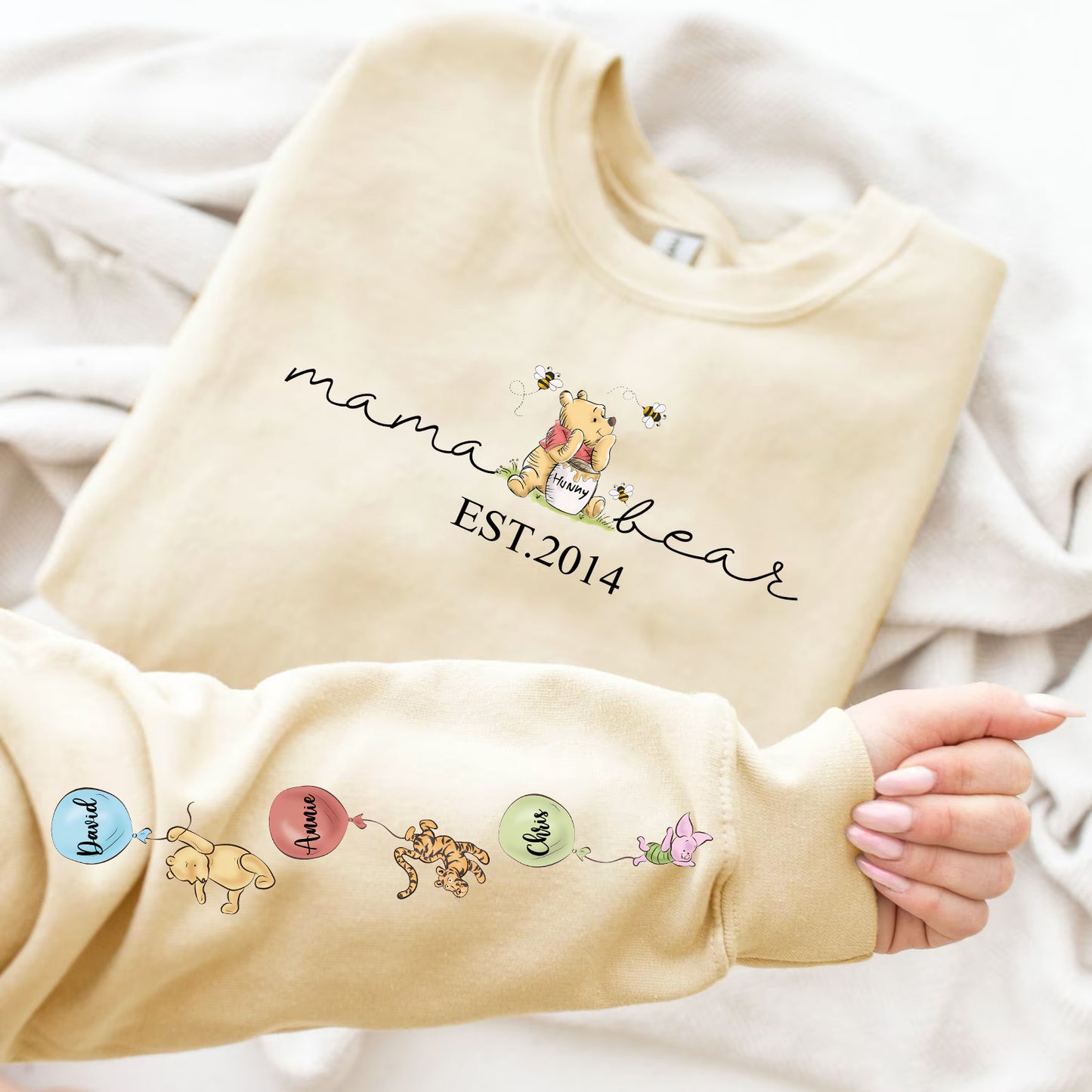 Custom Mama Bear Sweatshirt, Mama Est with Kid Name on Sleeve Sweatshirt