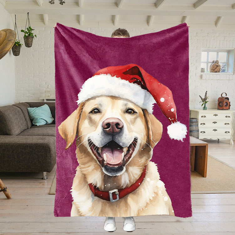 LUCKY GREEN Pet Portrait Blanket with Santa Hat & Snowflakes – Personalized Dog Blanket Gift