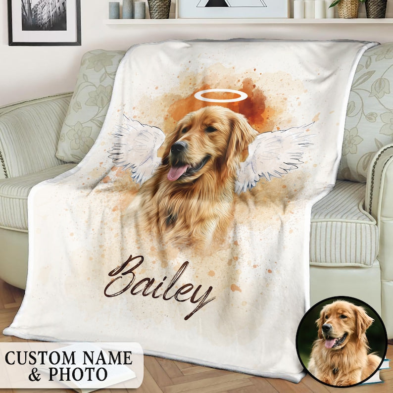 Personalized Pet Memorial Photo Blanket, Pet Loss Gifts, Angel Dog With Wings Blanket