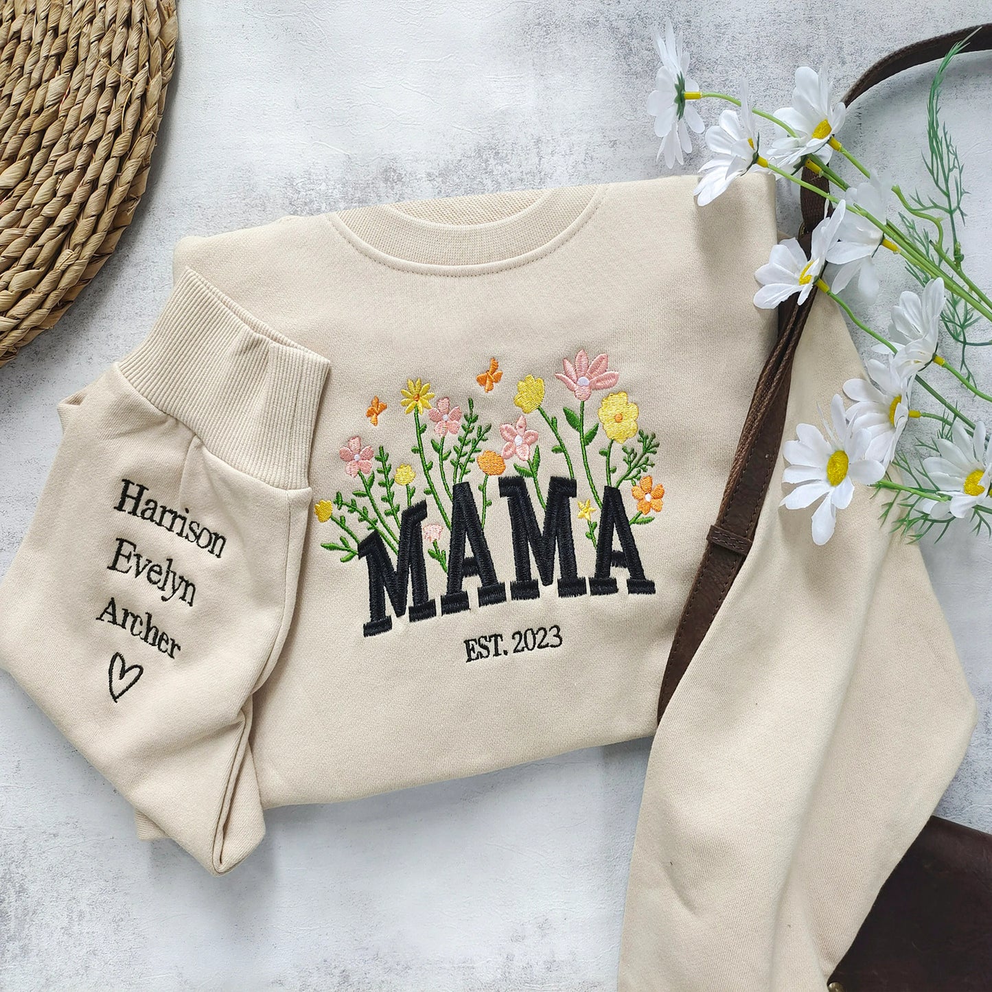 Custom Mama Embroidered Floral Sweatshirt