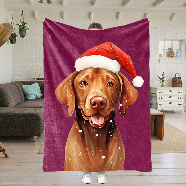 LUCKY GREEN Pet Portrait Blanket with Santa Hat & Snowflakes – Personalized Dog Blanket Gift