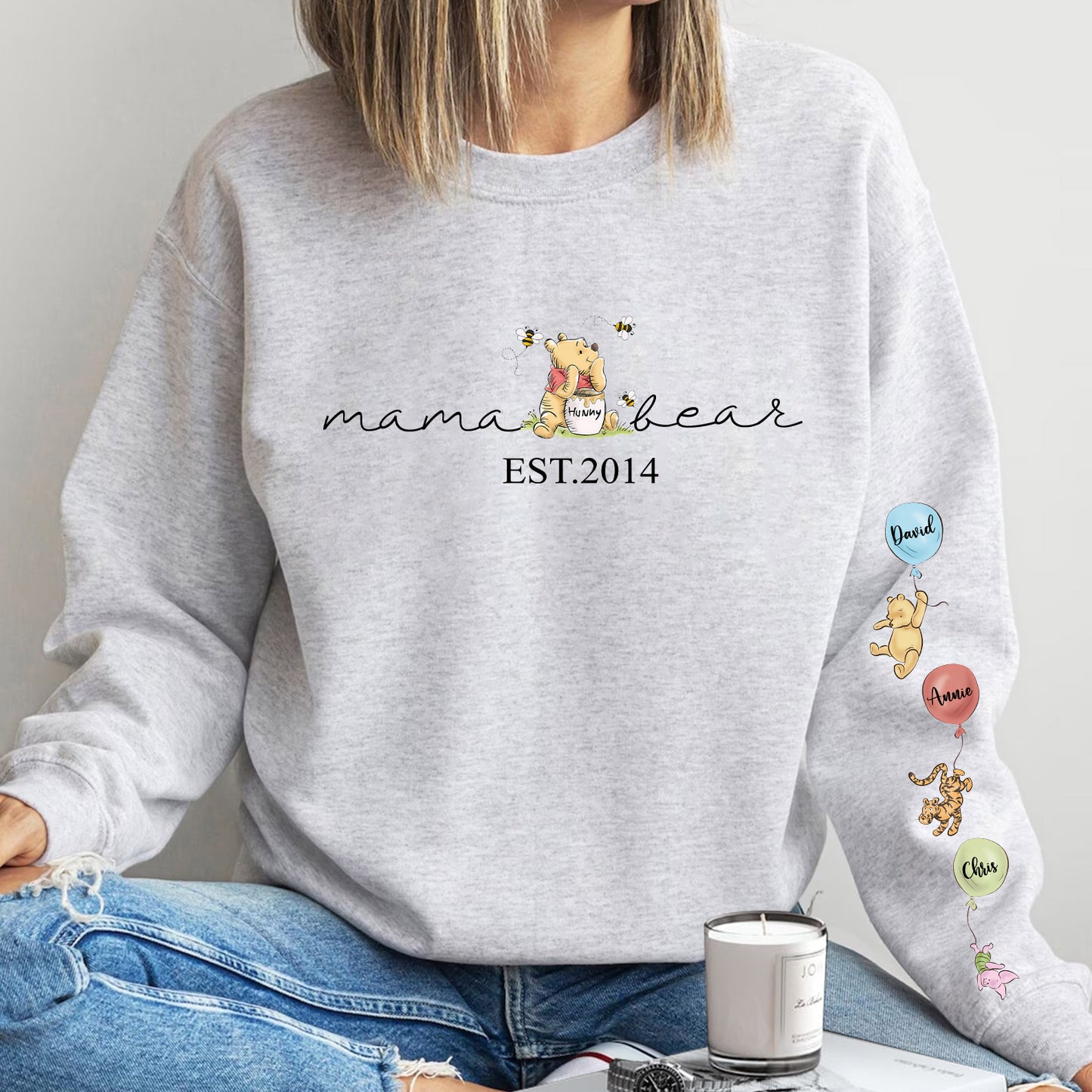 Custom Mama Bear Sweatshirt, Mama Est with Kid Name on Sleeve Sweatshirt