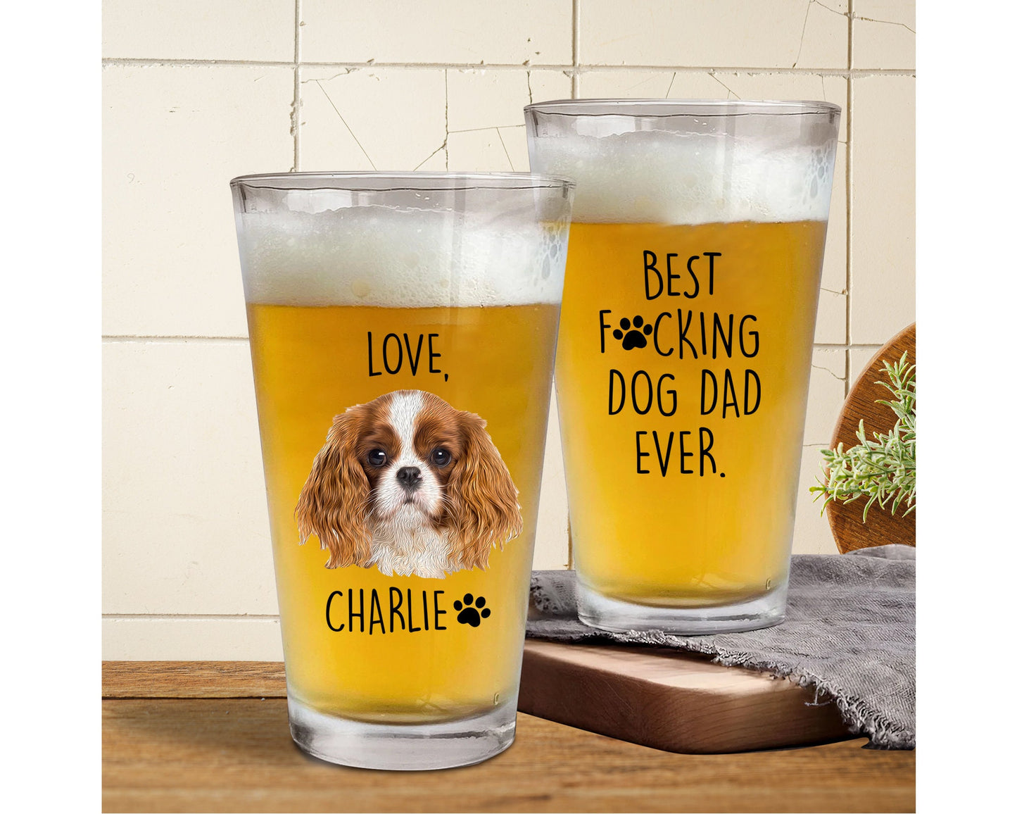 Custom Pet Portrait from Photo Dog Dad Pint Glass, Father's Day Gift, 16 oz Pint Beer Glass