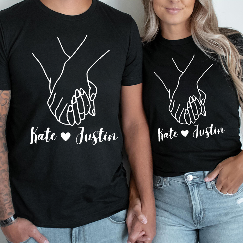 Personalized Couple Valentine's Day Shirts, Matching Custom Name Couple T-Shirts, Hand in Hand Printed On The Chest, Valentine's Day Gifts, Anniversary gift