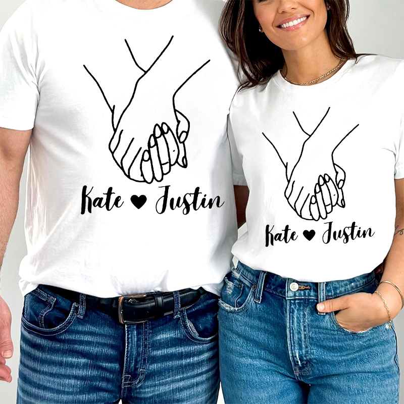 Personalized Couple Valentine's Day Shirts, Matching Custom Name Couple T-Shirts, Hand in Hand Printed On The Chest, Valentine's Day Gifts, Anniversary gift