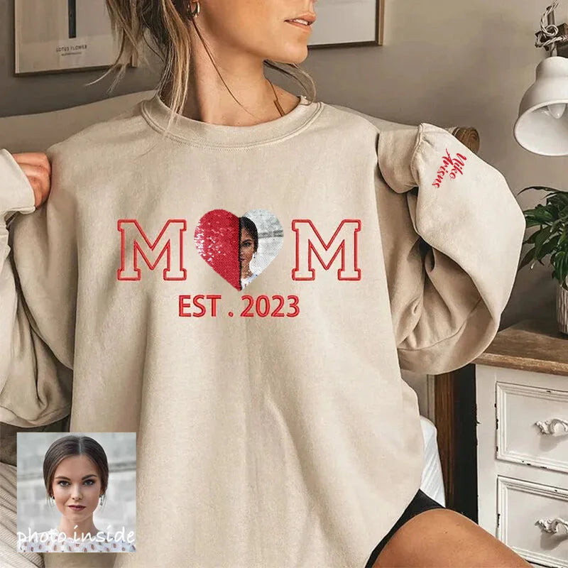 Personalized Sweatshirt Embroidered Custom Flip Sequin Photo With Mom Design Great Mother's Day Gift