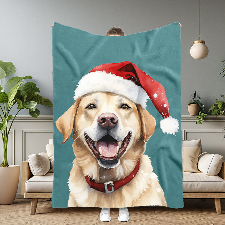 LUCKY GREEN Pet Portrait Blanket with Santa Hat & Snowflakes – Personalized Dog Blanket Gift