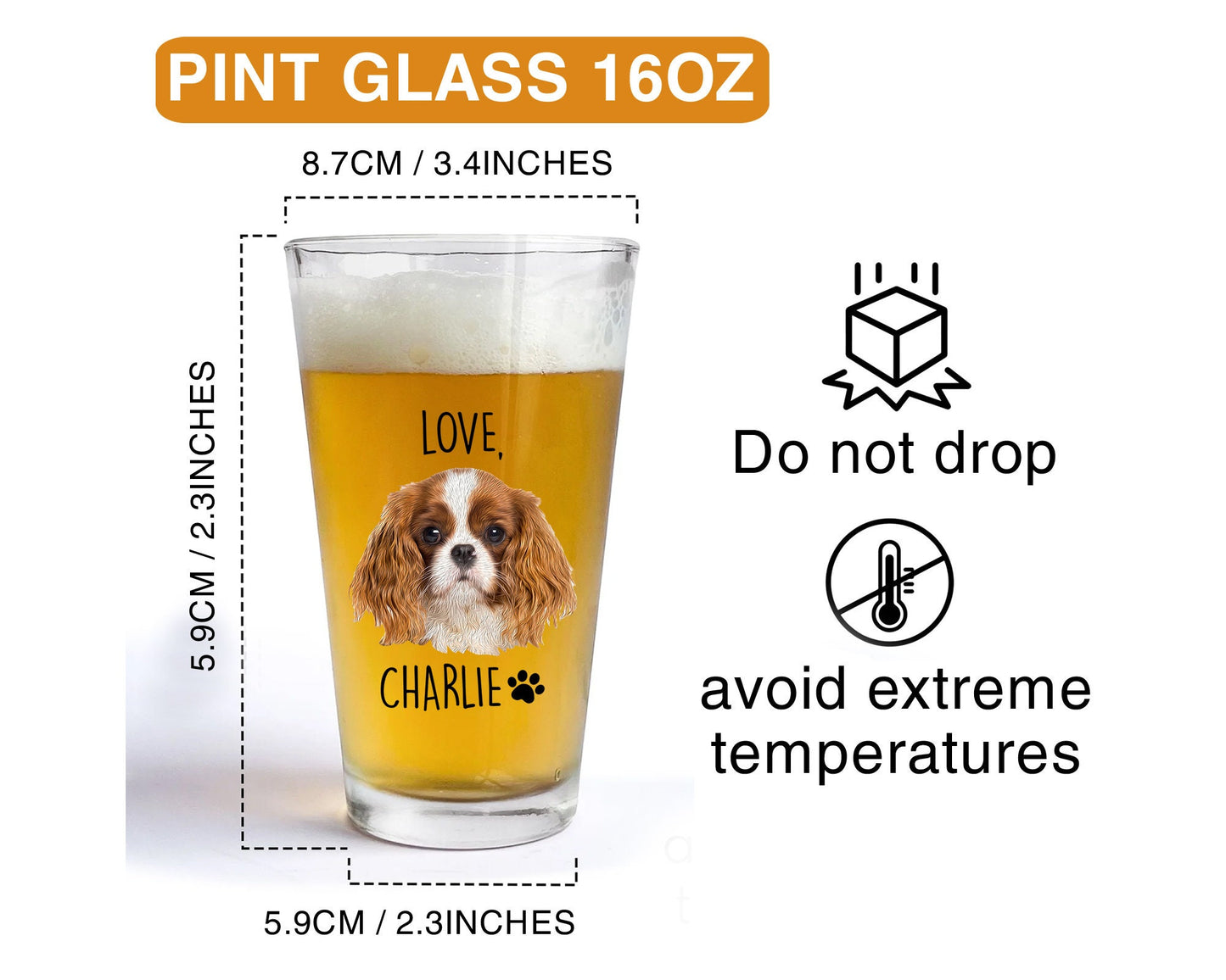 Custom Pet Portrait from Photo Dog Dad Pint Glass, Father's Day Gift, 16 oz Pint Beer Glass