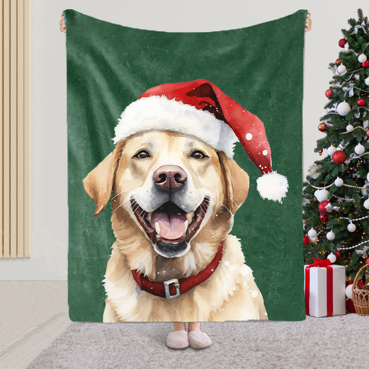 LUCKY GREEN Pet Portrait Blanket with Santa Hat & Snowflakes – Personalized Dog Blanket Gift