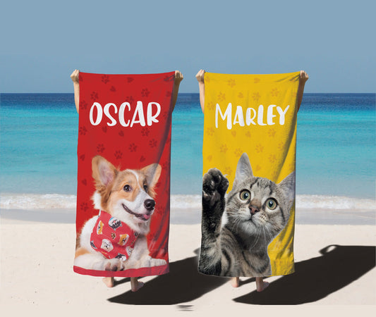 Custom Pet Photo Beach Towel with name, Dog Picture Beach Towel