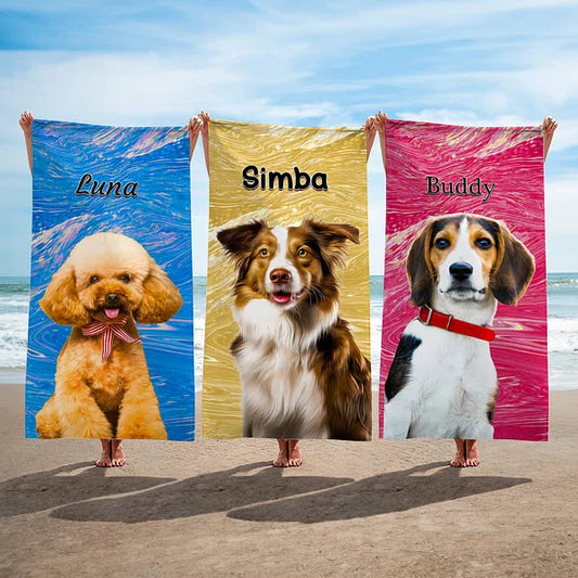 Personalized Pet Portrait Oil Painting Quick Dry Beach Towel with Name