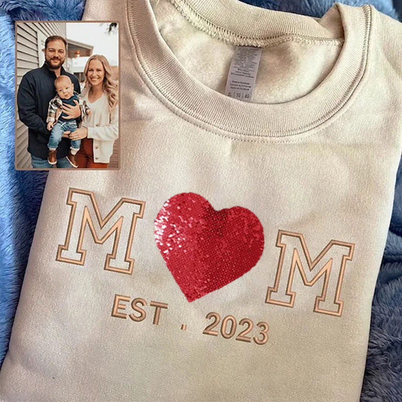 Personalized Sweatshirt Embroidered Custom Flip Sequin Photo With Mom Design Great Mother's Day Gift