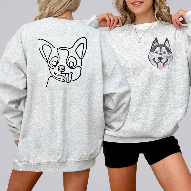 Custom Embroidered Pet Portrait Hoodie, Embroidered Pet Portrait on the Front and Back of Sweatshirt