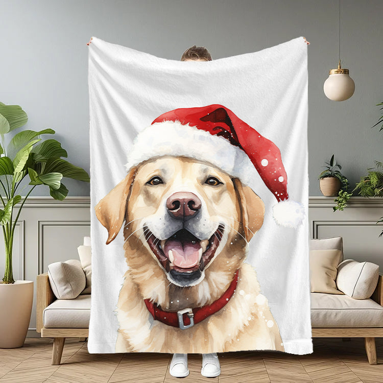 LUCKY GREEN Pet Portrait Blanket with Santa Hat & Snowflakes – Personalized Dog Blanket Gift