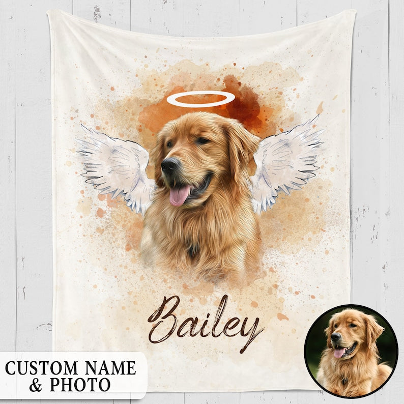 Personalized Pet Memorial Photo Blanket, Pet Loss Gifts, Angel Dog With Wings Blanket