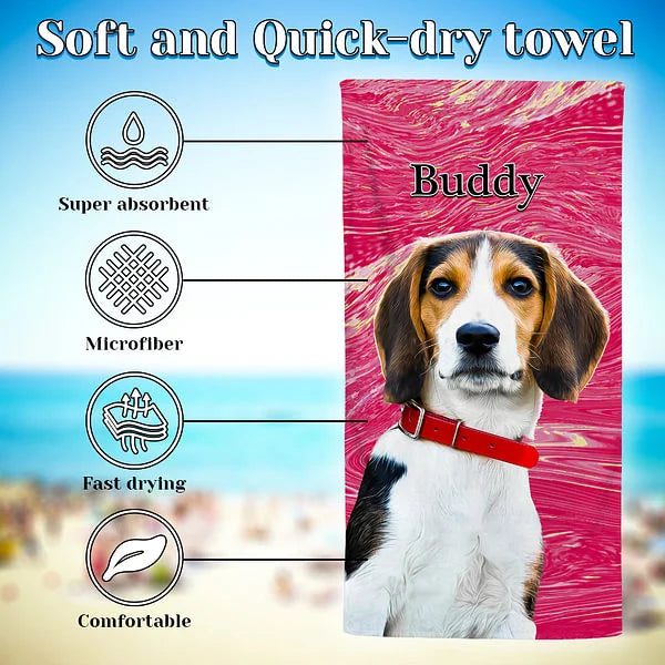 Personalized Pet Portrait Oil Painting Quick Dry Beach Towel with Name