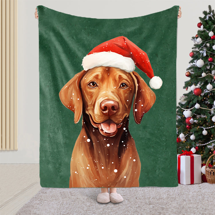 LUCKY GREEN Pet Portrait Blanket with Santa Hat & Snowflakes – Personalized Dog Blanket Gift