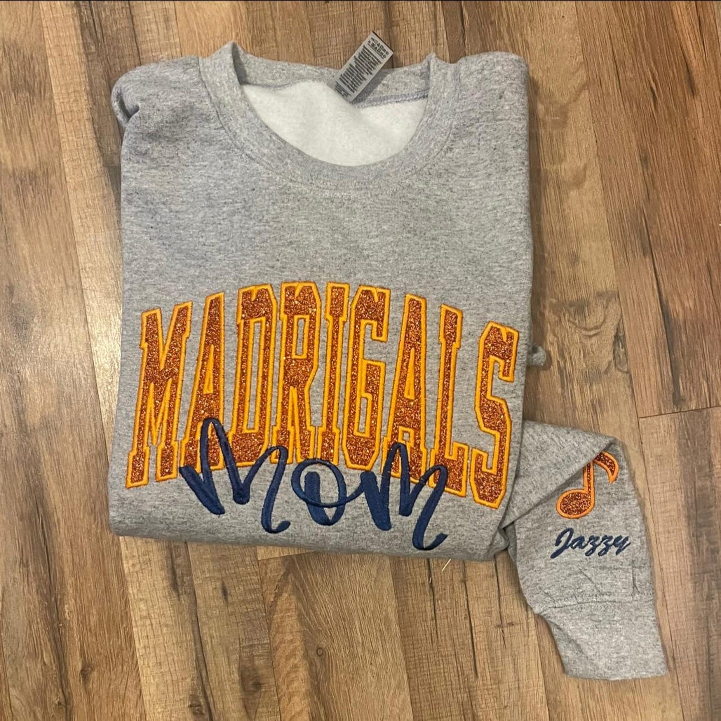 Custom School/Mascot Glitter Appliquéing Embroidered Sweatshirt With Sleeve Embroidery