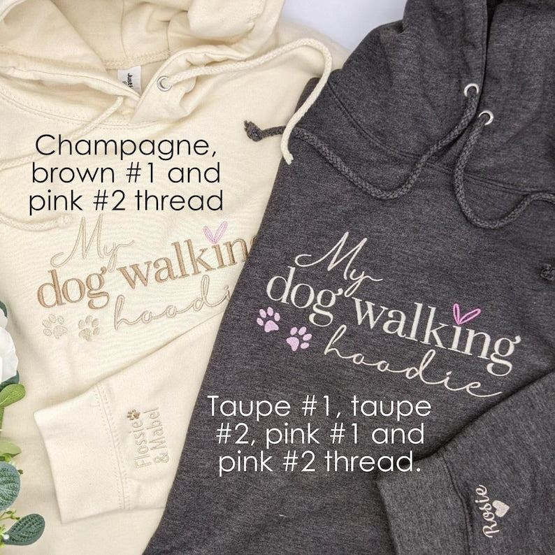 Custom embroidered dog walking hoodie with names on sleeve