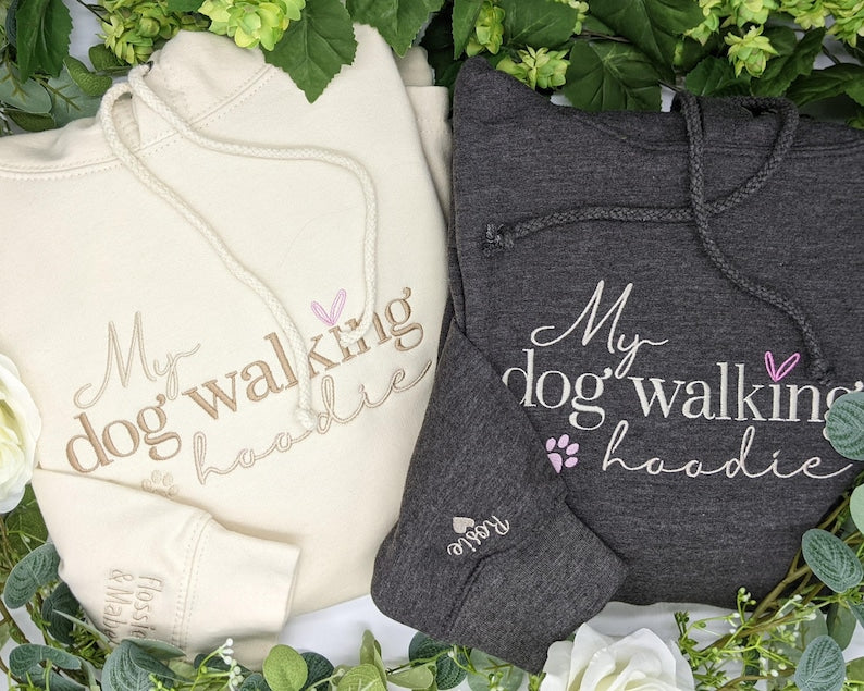 Custom embroidered dog walking hoodie with names on sleeve