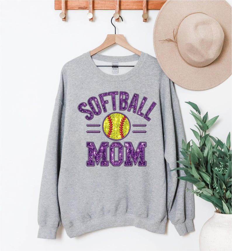 Softball Mom  Image, Softball Purple Faux Embroidery Sequin Sweatshirt