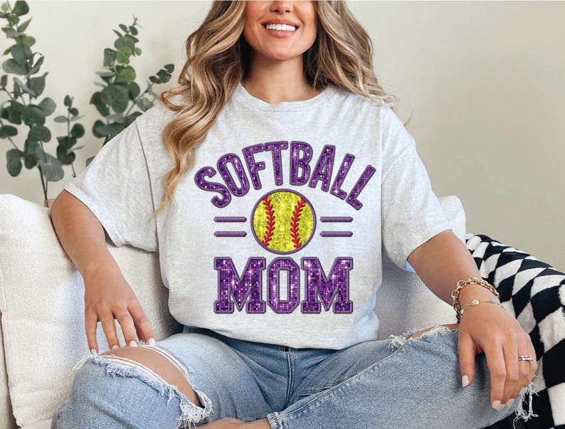 Softball Mom  Image, Softball Purple Faux Embroidery Sequin Sweatshirt