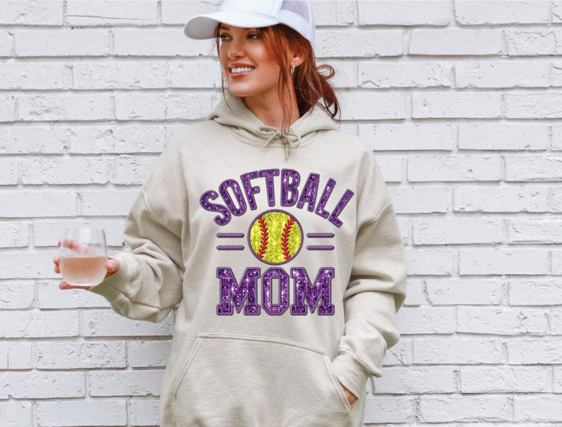 Softball Mom  Image, Softball Purple Faux Embroidery Sequin Sweatshirt