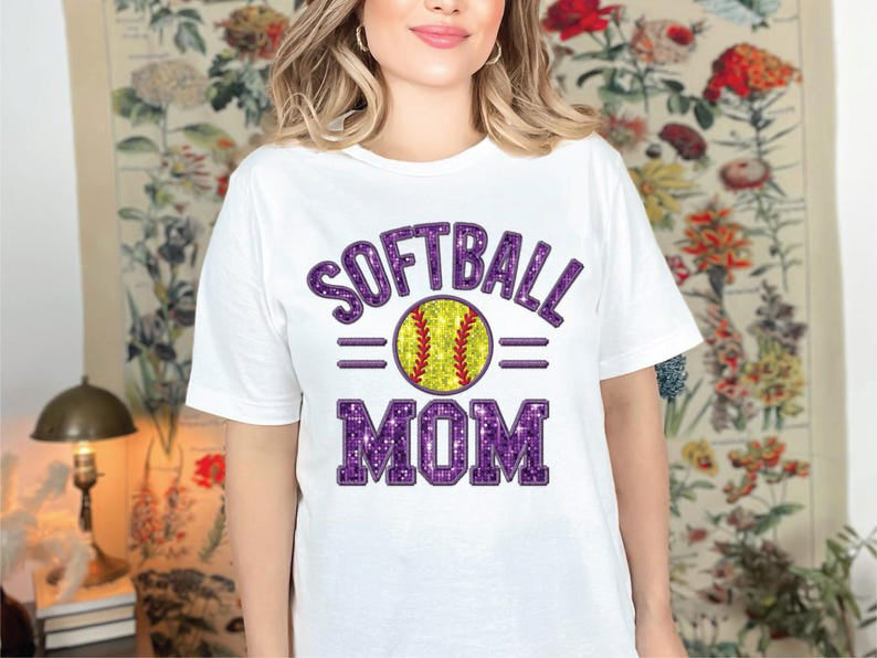 Softball Mom  Image, Softball Purple Faux Embroidery Sequin Sweatshirt